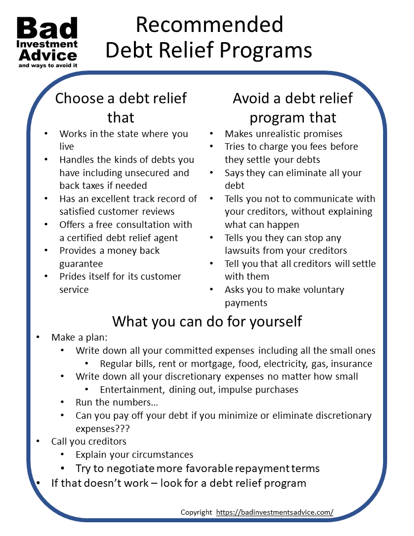 Recommended debt relief programs summary