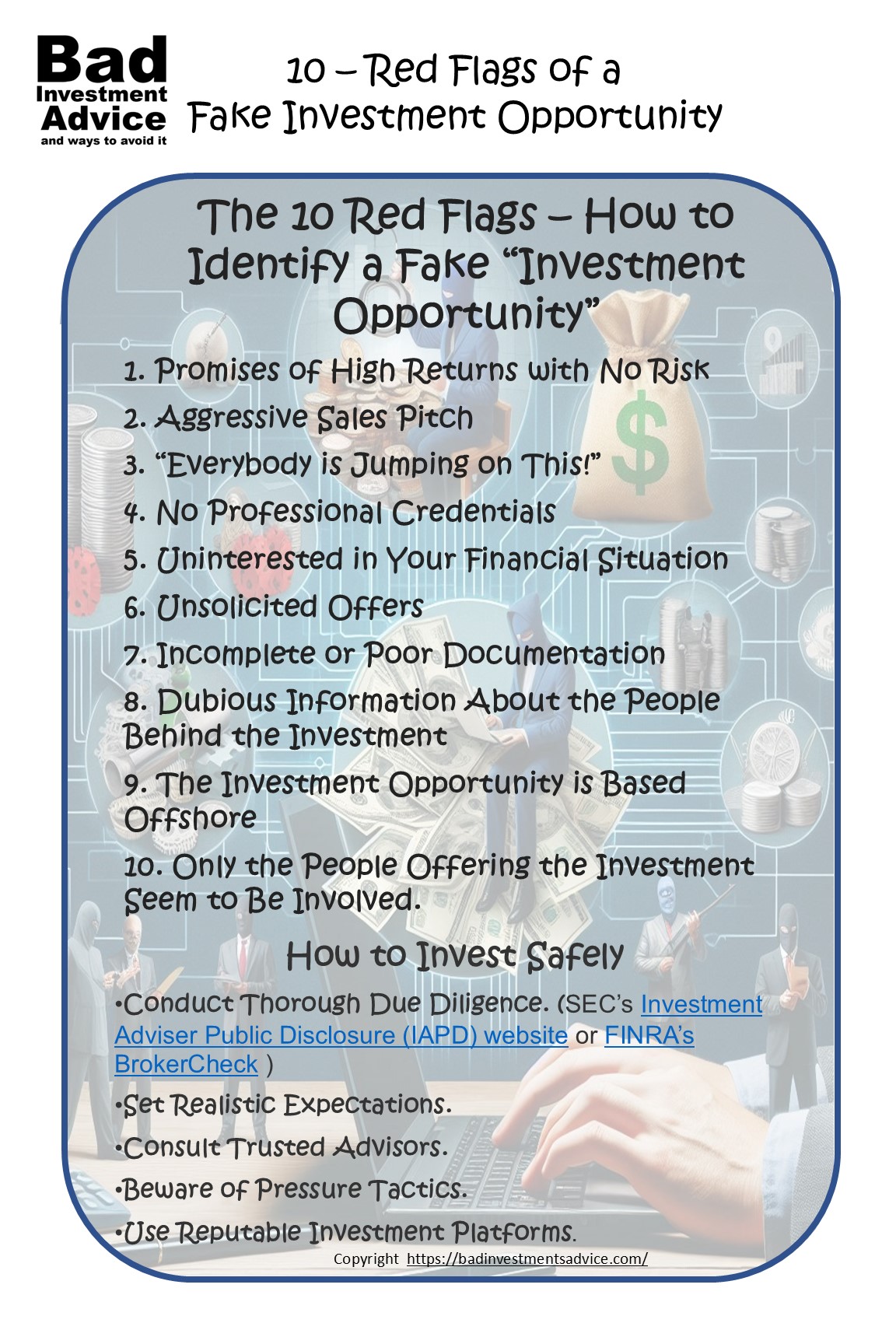 A single-page summary of 10 red flags - how to spot a fake investment opportunity.