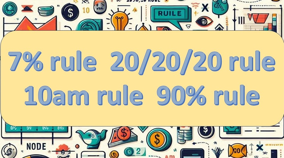 An image showing the 7 percent rule, the 20/20/20 rule, the 10am rule and the 90% rule in bold letters