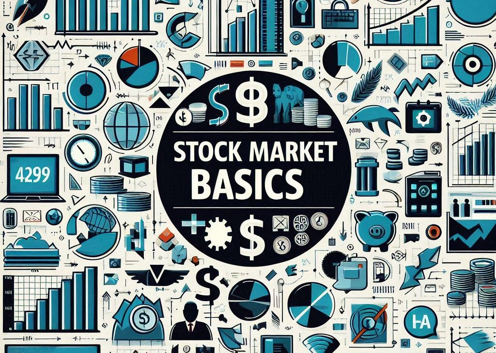 A collage of charts graphs and icons about stock market basics