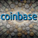 Coinbase logo on a background of coins