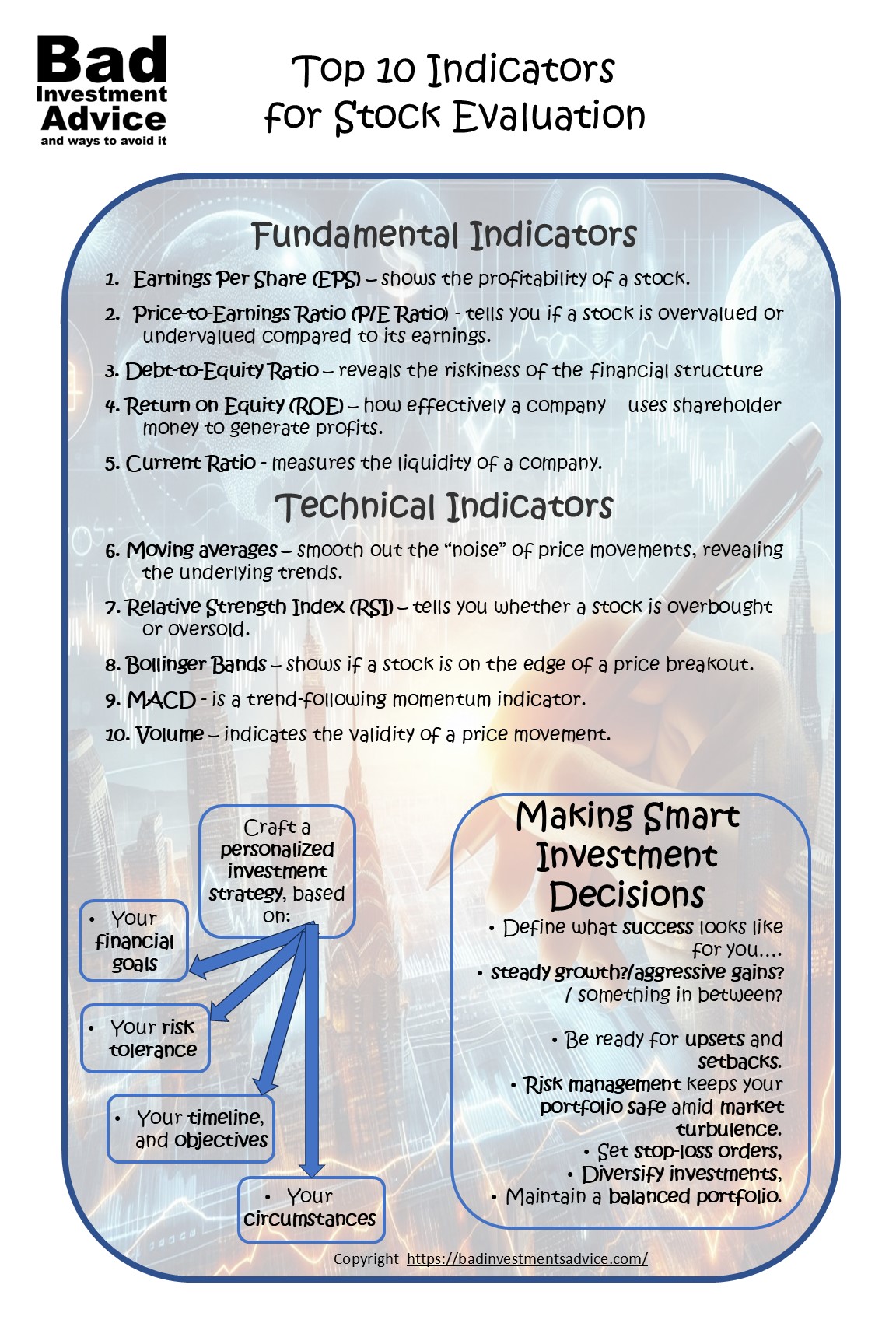 A single-page summary of the top 10 indicators for stock evaluation