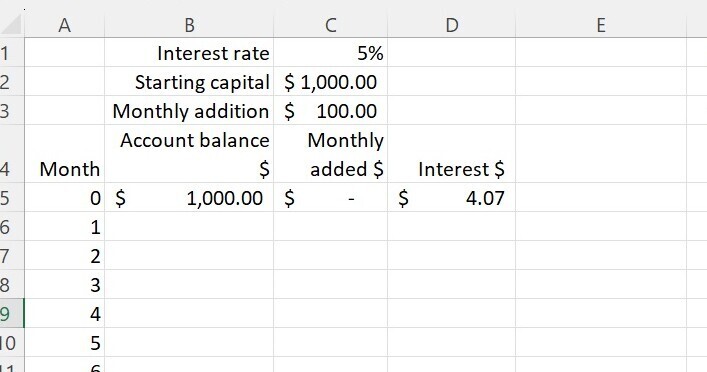 Excel sheet starting capital and first interest calculation added