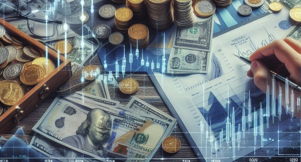 Piles of coins and money