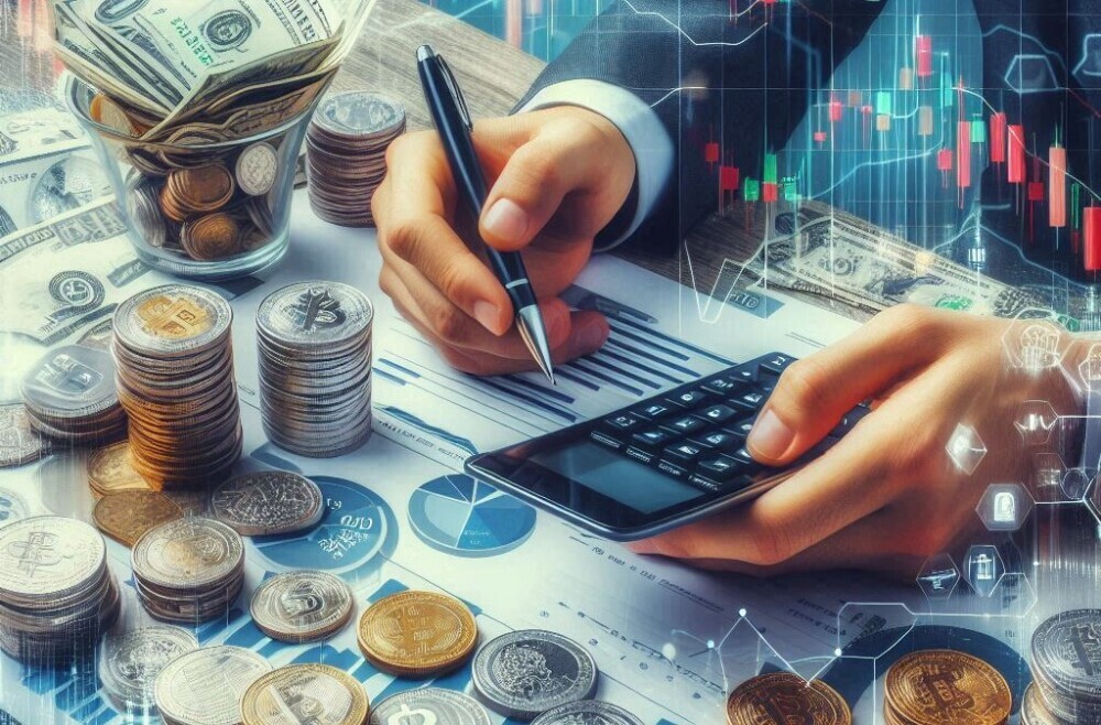 Piles of coins, money and price charts