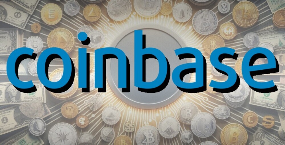The Coinbase logo over a background of crypto coins