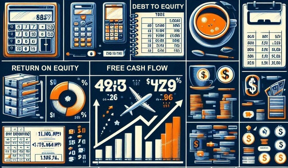 Financial figures and charts on return on equity, debt to equity and other ratios