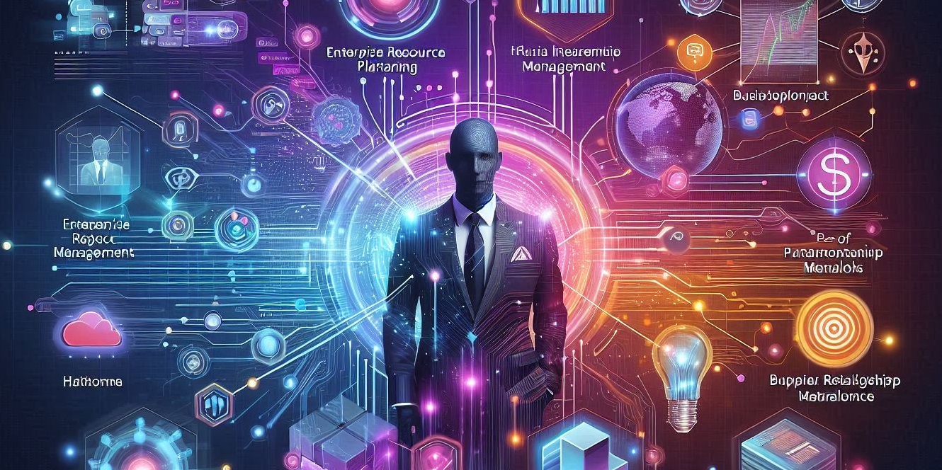 Man at the center of AI blockchain and ERP systems